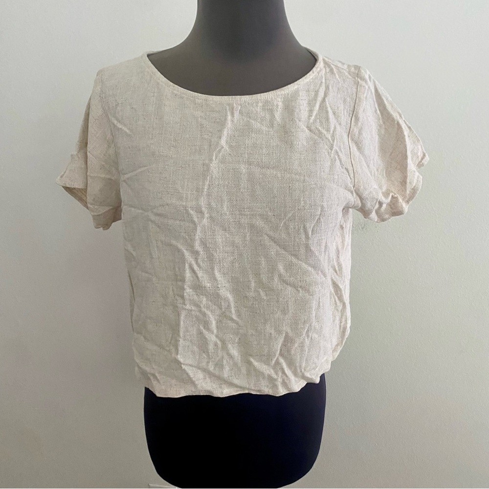 RACHEL PALLY LINEN BLEND CREAM SHORT SLEEVE BOXY CROPPED TOP SIZE MEDIUM